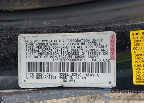 2003 Lexus Is 300 from USA, damaged, VIN JTHBD192230065491